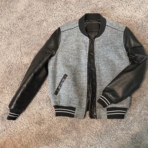 Blank NYC Grey Wool-Blend Bomber Jacket with Black Faux Leather Sleeves